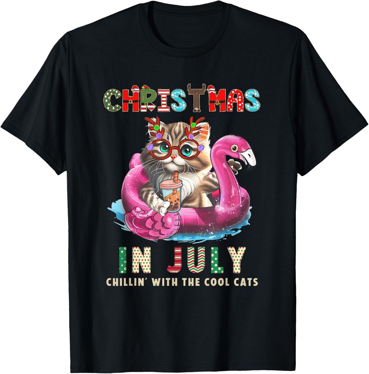 Christmas In July Chillin Cats Flamingo Float Meowy Xmas T-Shirt - T-Shirt | Black