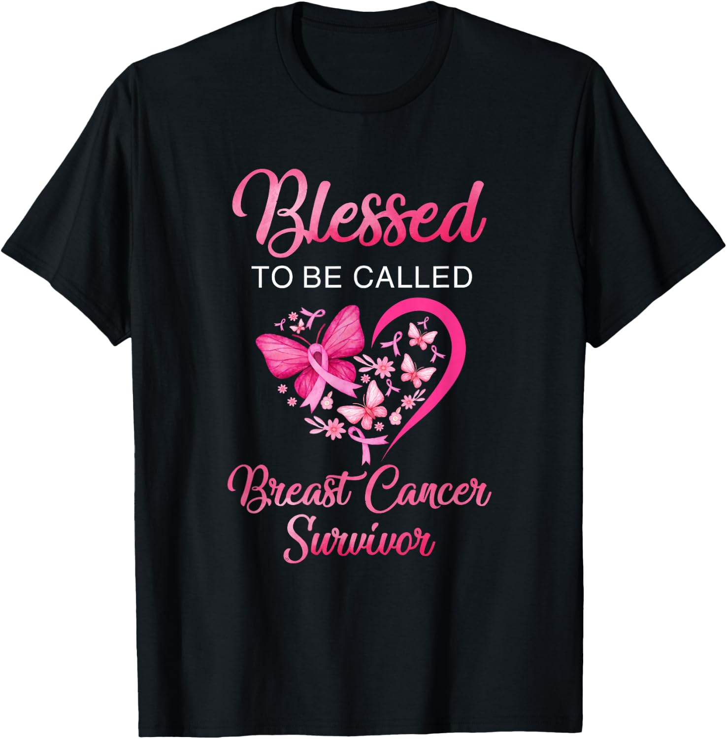 Blessed To Be Called Breast Cancer Survivor Pink Butterfly T-Shirt - T-Shirt | Black