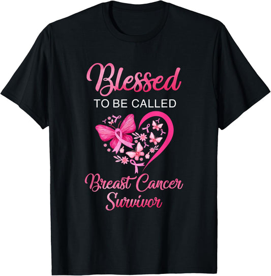 Blessed To Be Called Breast Cancer Survivor Pink Butterfly T-Shirt - T-Shirt | Black