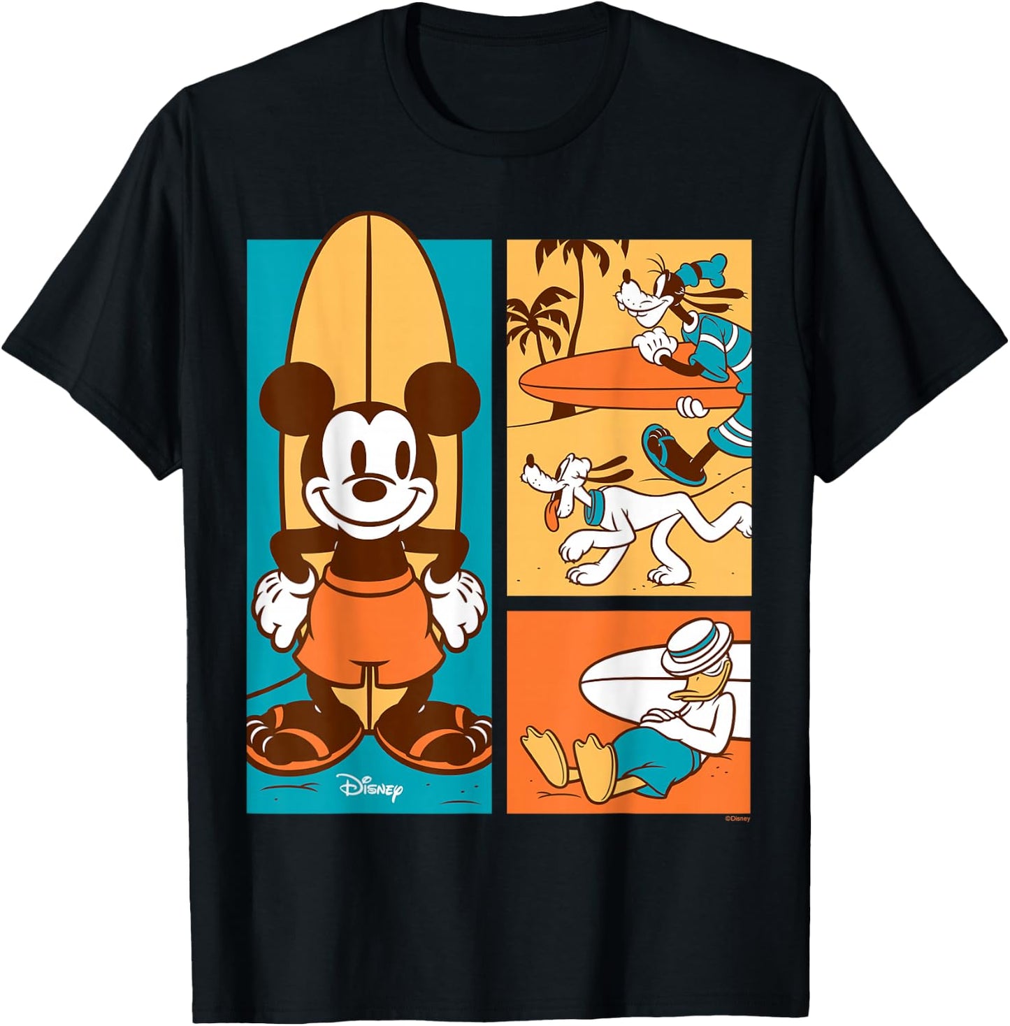 Disney - Mickey Donald Goofy Pluto Surfer Beach T-Shirt - T-Shirt | Black