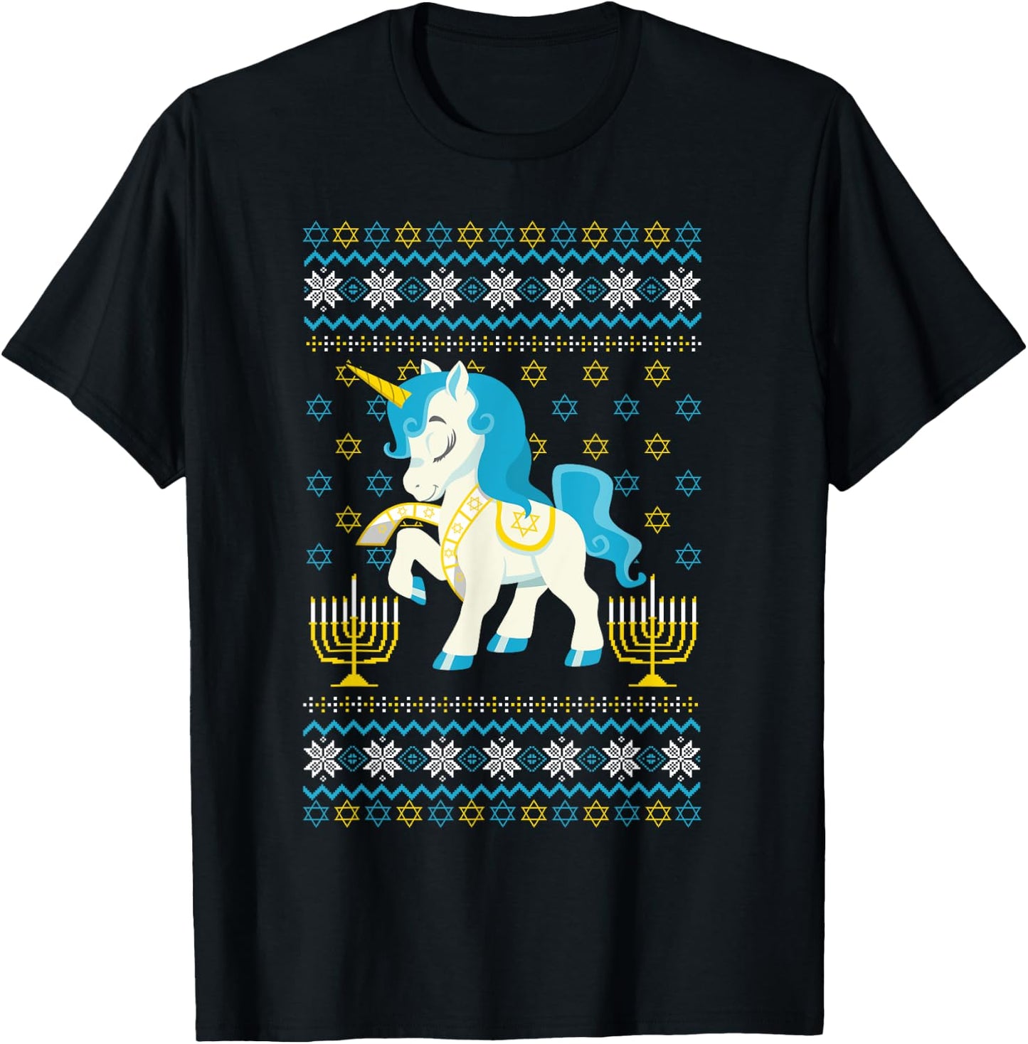 Ugly Hanukkah Sweater Unicorn Jewish Star Christmas Menorah T-Shirt - T-Shirt | Black