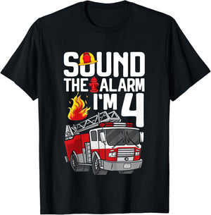 Kids 4 Year Old Firefighter 4th Birthday Boy Fire Truck 4yr T-Shirt - T-Shirt | Black