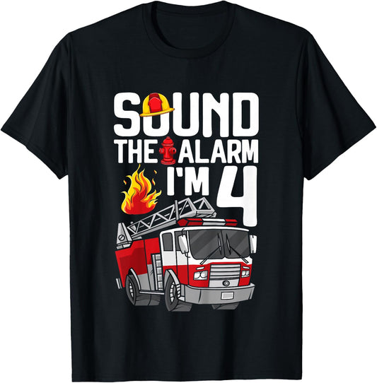 Kids 4 Year Old Firefighter 4th Birthday Boy Fire Truck 4yr T-Shirt - T-Shirt | Black