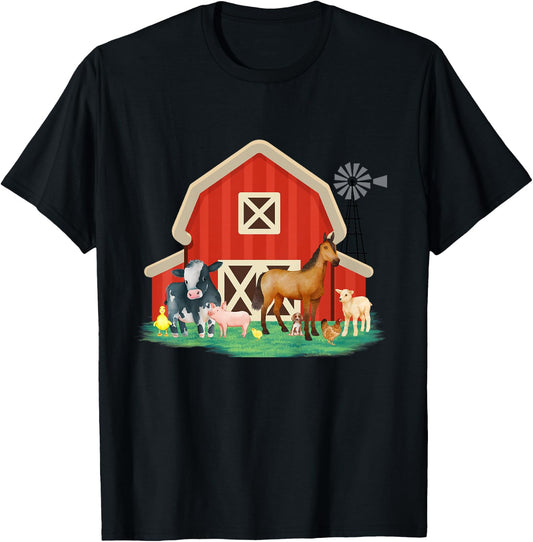 Kids Farm Animals, Cute Toddler and Youth Farm Animals with barn T-Shirt - T-Shirt | Black