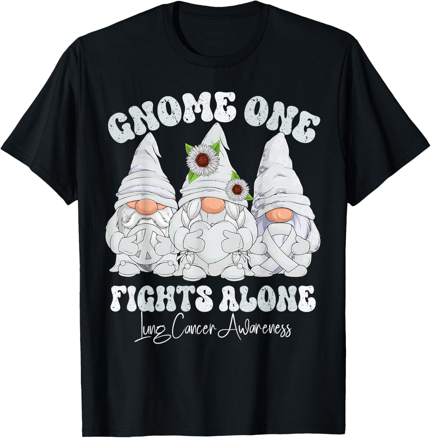 Lung Cancer Awareness Month White Ribbon Gnomies T-Shirt - T-Shirt | Black