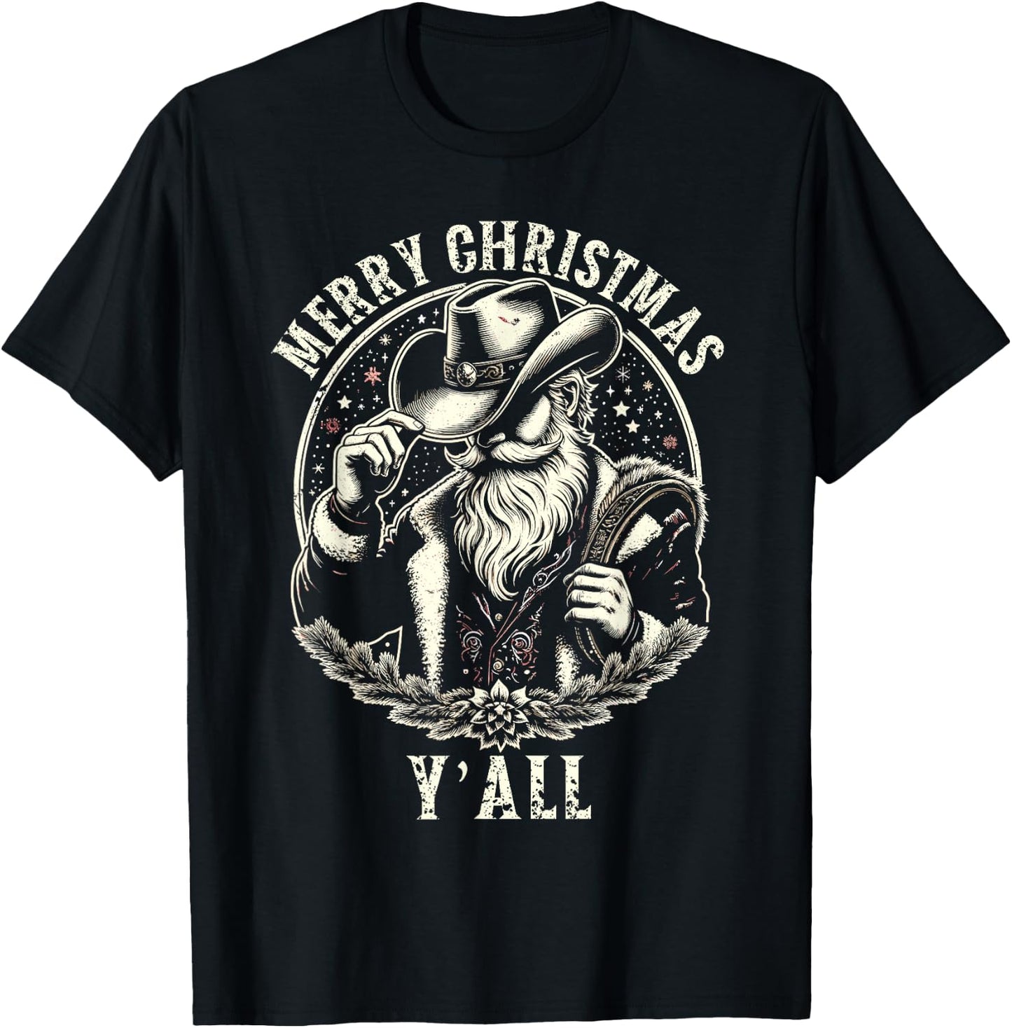 Cowboy Santa Claus Merry Christmas Y'all Western Country T-Shirt - T-Shirt | Black