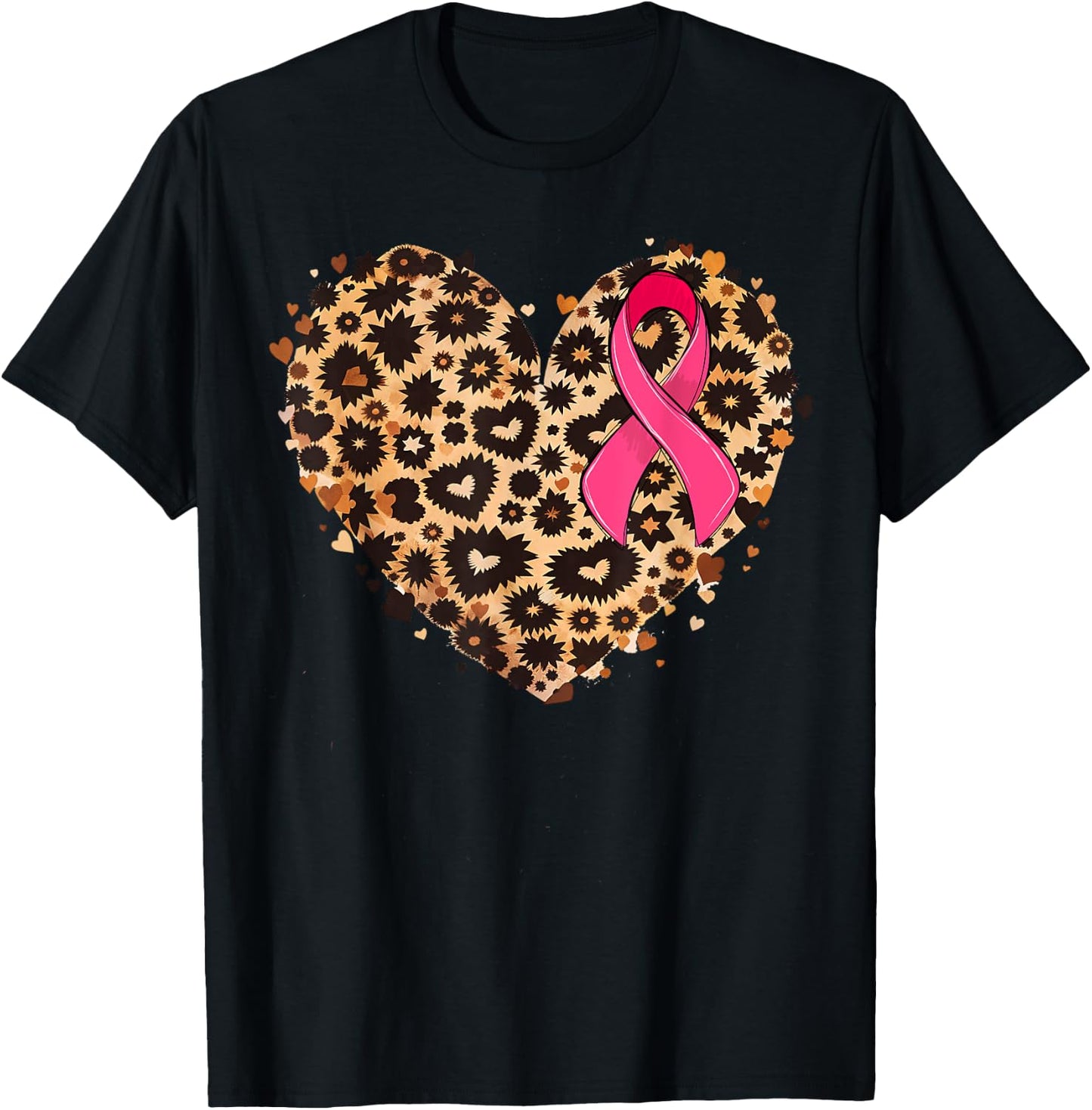 Breast cancer Pink ribbon Cheetah Leopard Heart Print T-Shirt - T-Shirt | Black