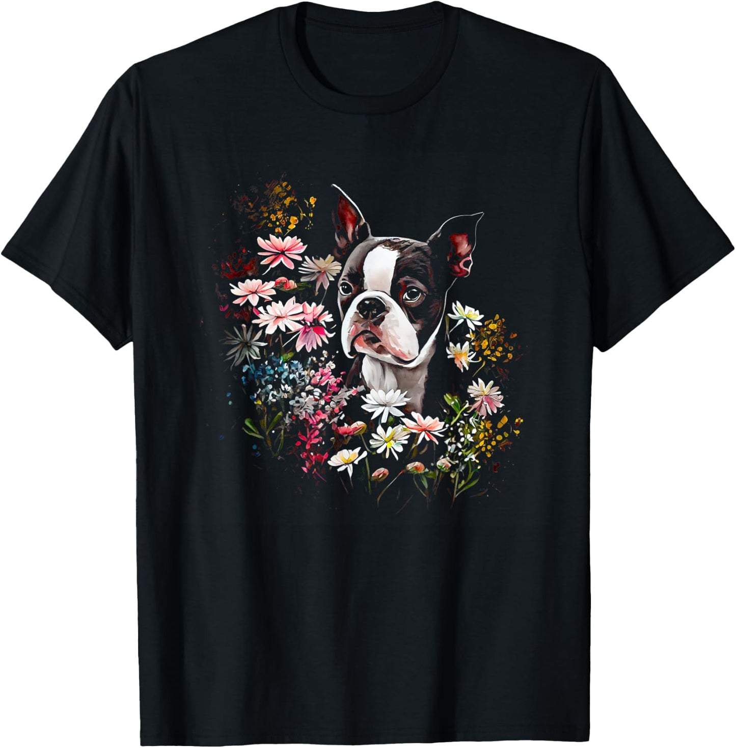 Watercolor Boston Terrier with flowers - Bostie T-Shirt - T-Shirt | Black