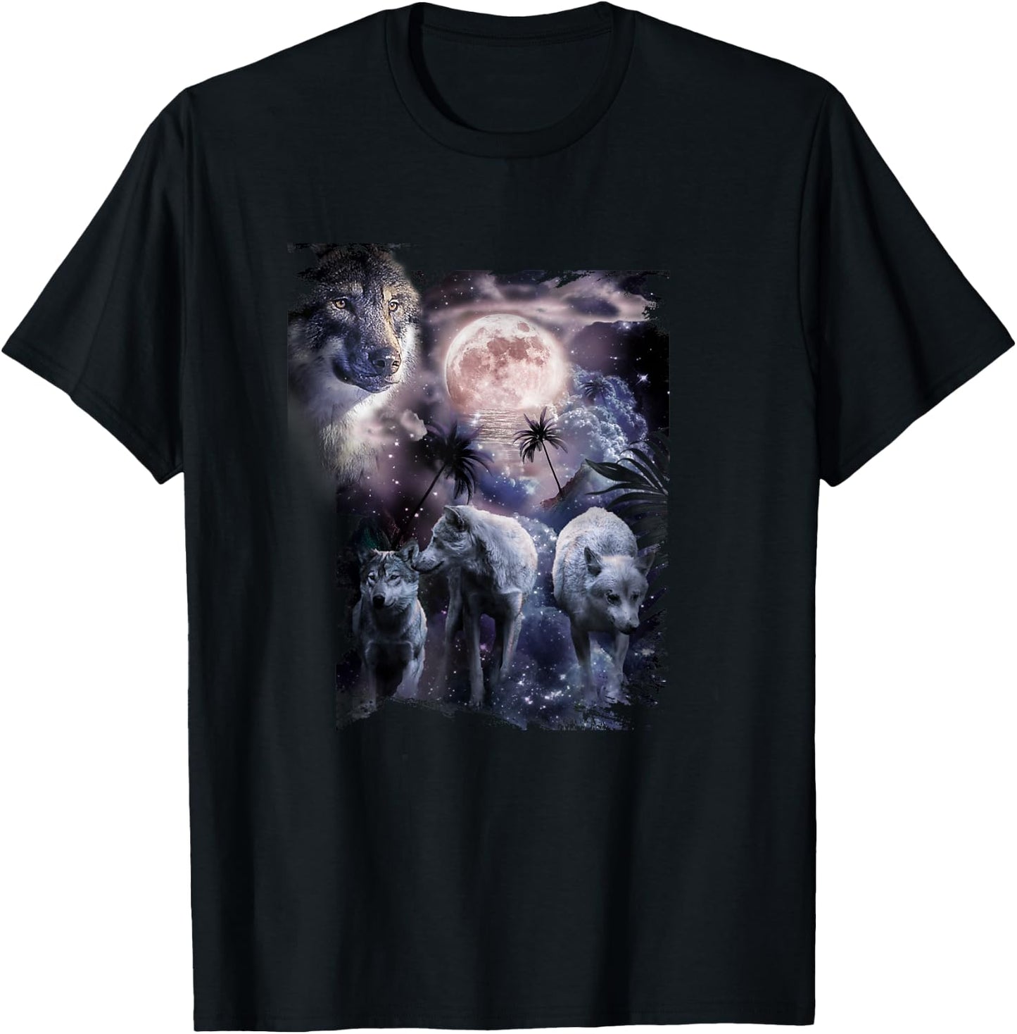Tropical Wolves, Wolf Howling At Moon, Moonrise T-Shirt - T-Shirt | Black