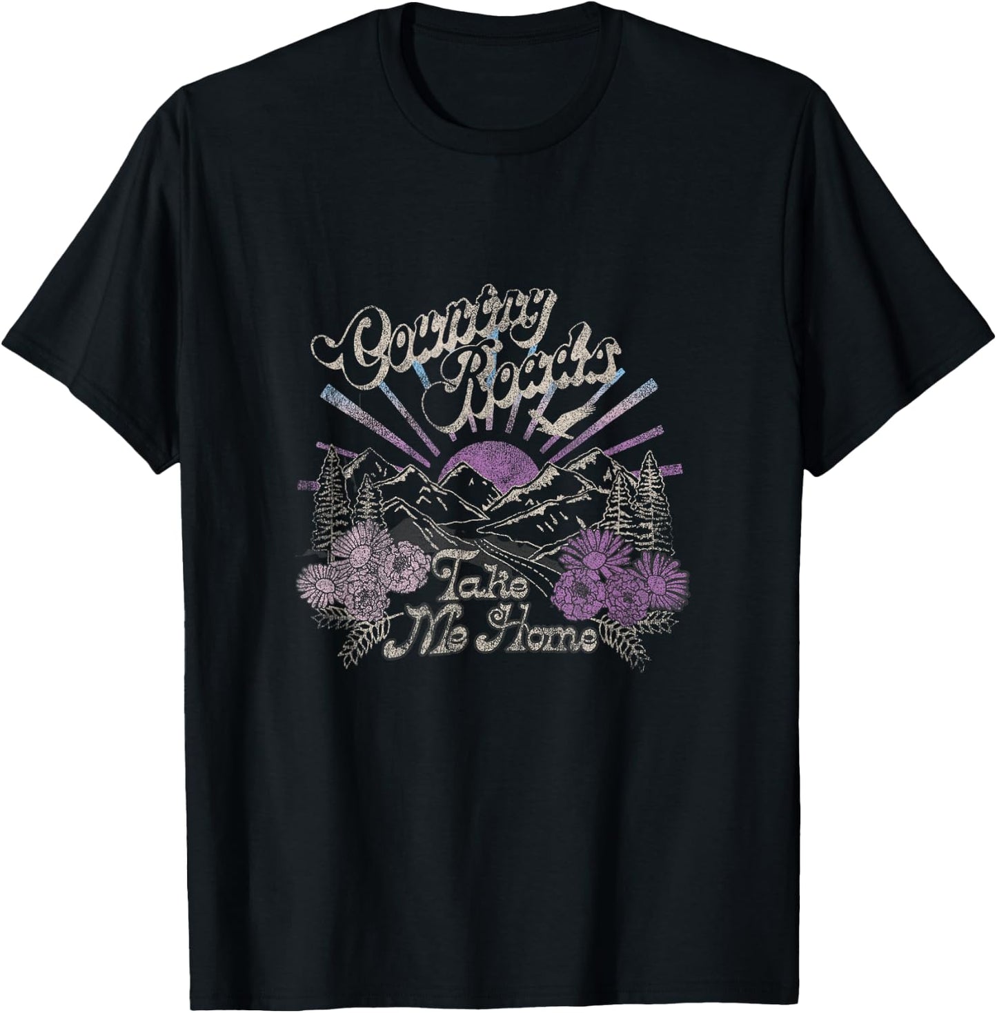 Country Roads Take Me Home Floral Mountain Scene T-Shirt - T-Shirt | Black