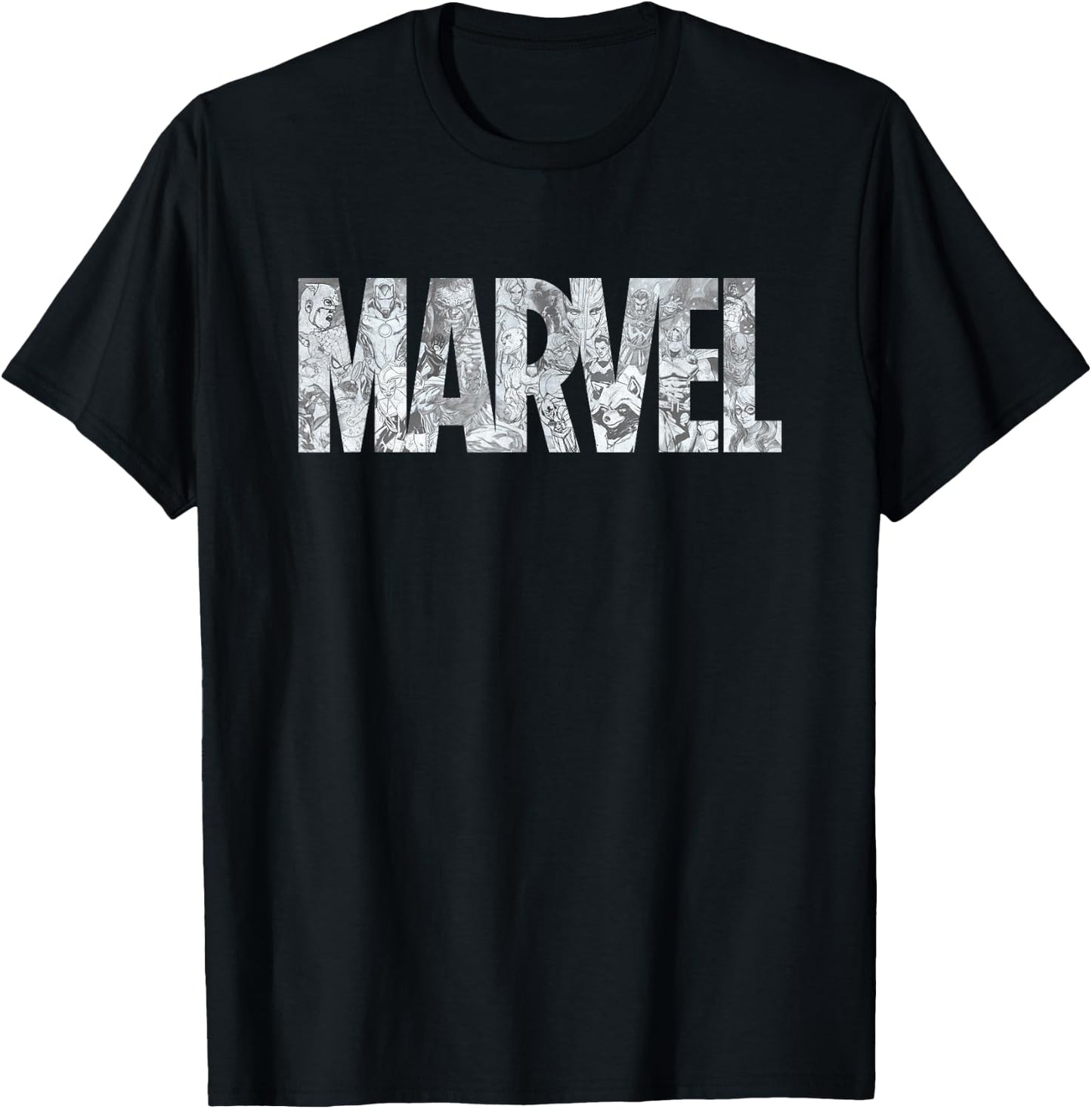 Marvel Logo Comics Gray Pencil Sketch Super Heroes Avengers T-Shirt - T-Shirt | Black