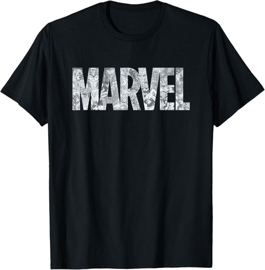 Marvel Logo Comics Gray Pencil Sketch Super Heroes Avengers T-Shirt - T-Shirt | Black