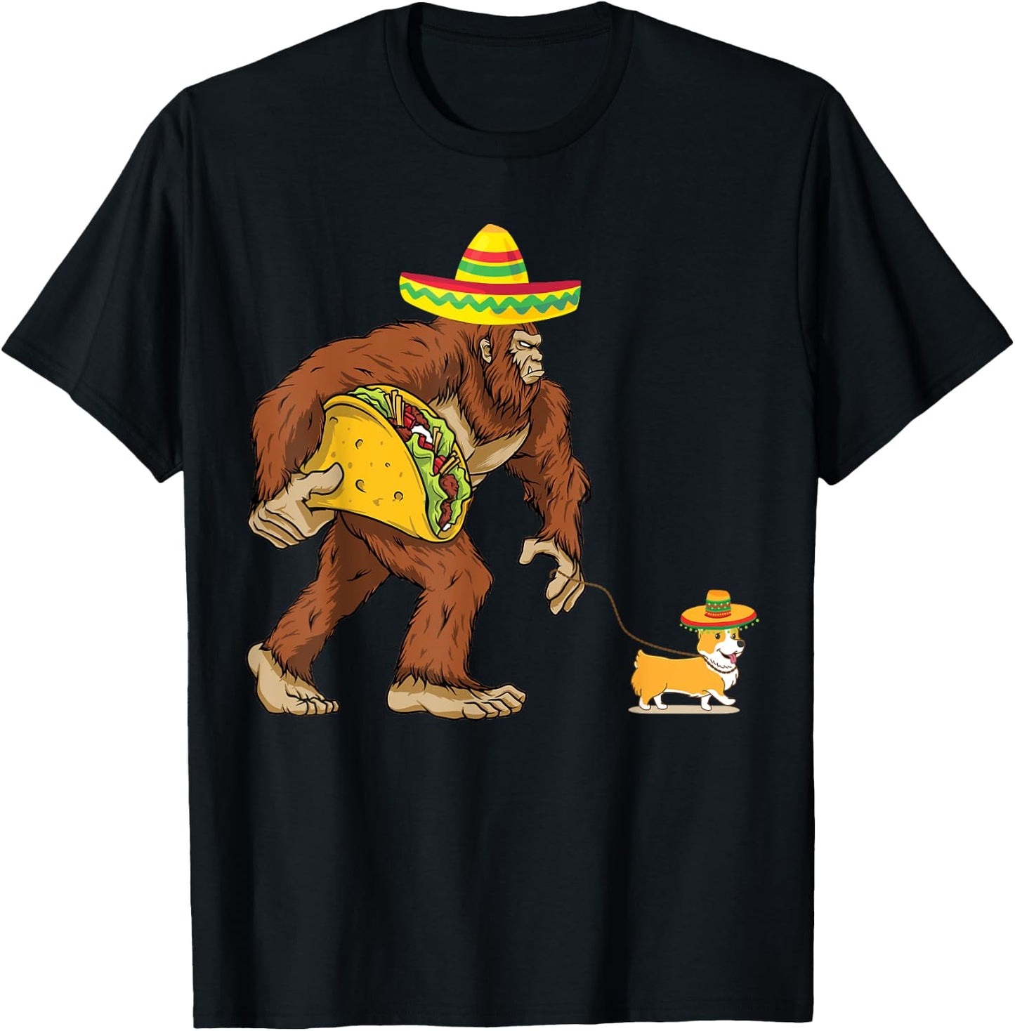 Bigfoot Steal Taco Corgi Dog Sombrero Cinco de Mayo Graphic Men Women Kids T-Shirt - T-Shirt | Black