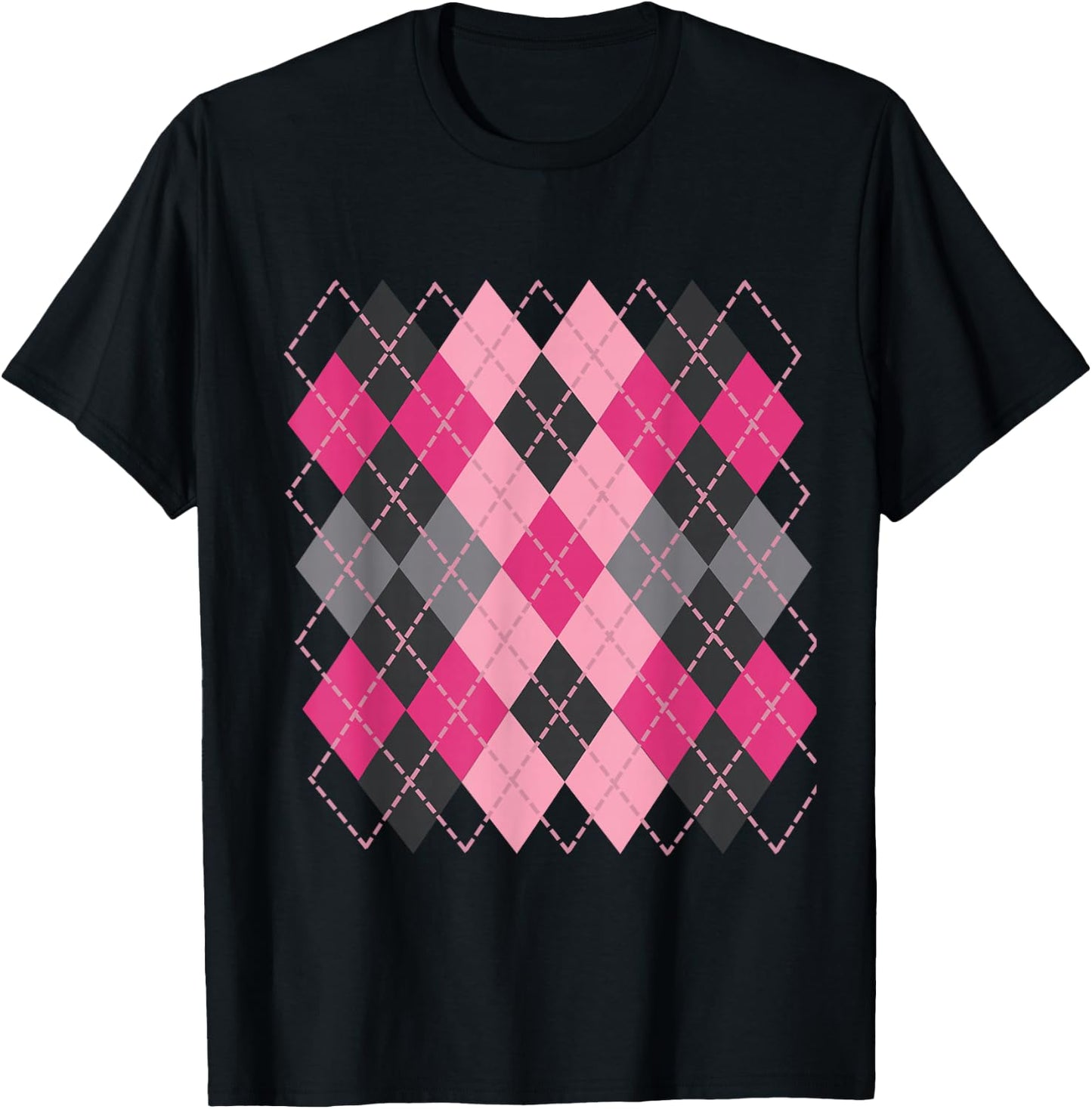 Retro Argyle Plaid Pattern Design in shades of pink & grey T-Shirt - T-Shirt | Black