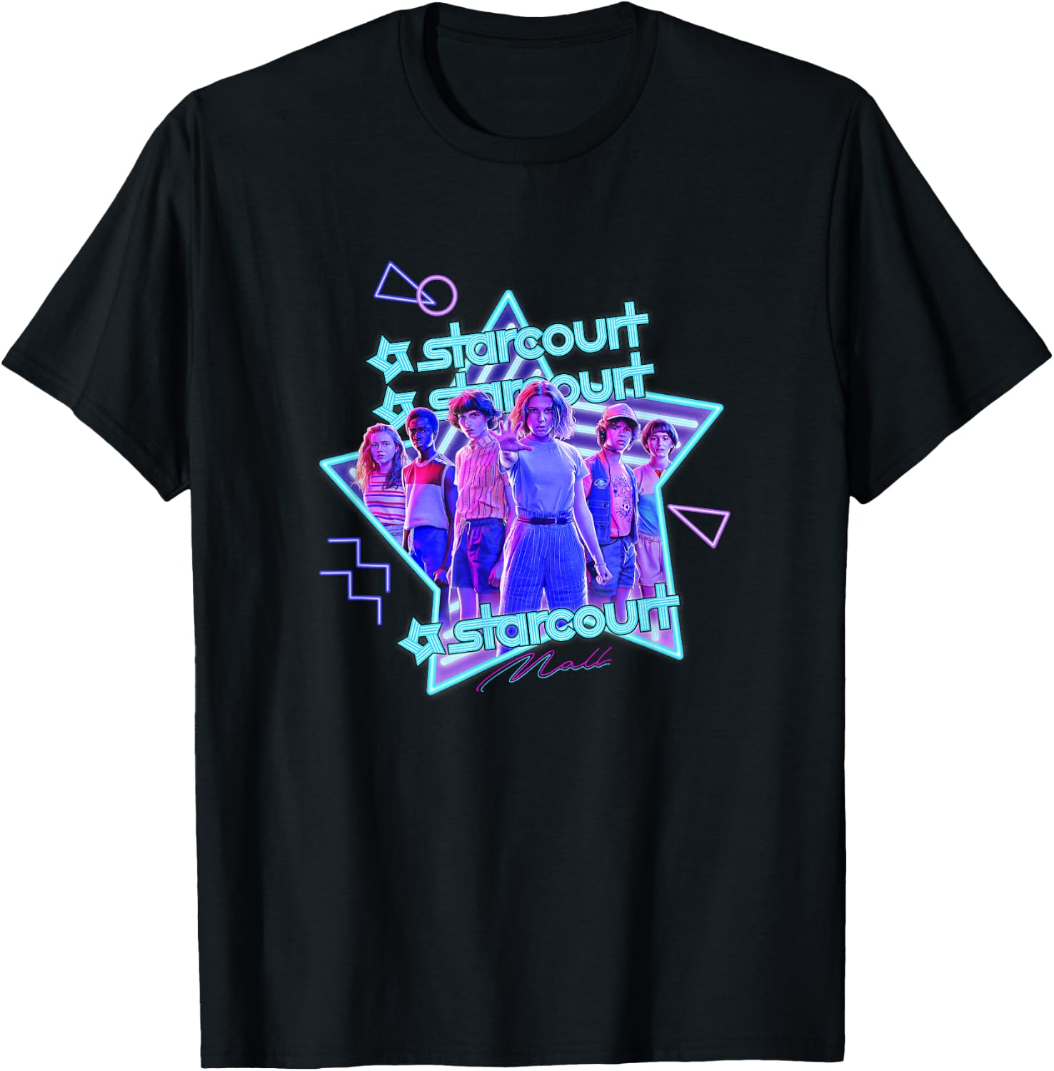 Stranger Things Starcourt Mall Vintage Neon Group Portrait T-Shirt - T-Shirt | Black