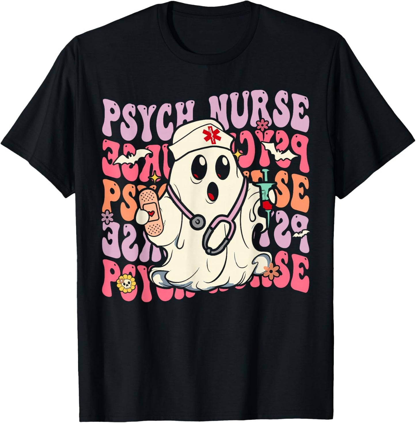 Retro Psych Nurse Groovy Halloween Psychiatric Nurse T-Shirt - T-Shirt | Black