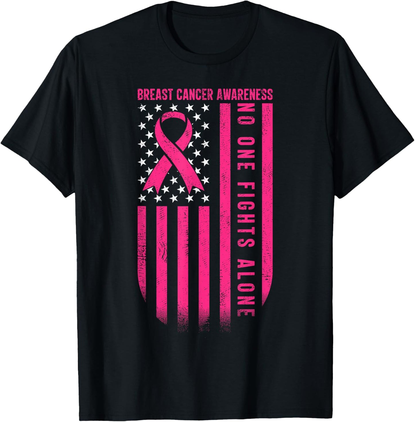 No One Fights Breast Cancer Alone American Flag Pink Ribbon T-Shirt - T-Shirt | Black