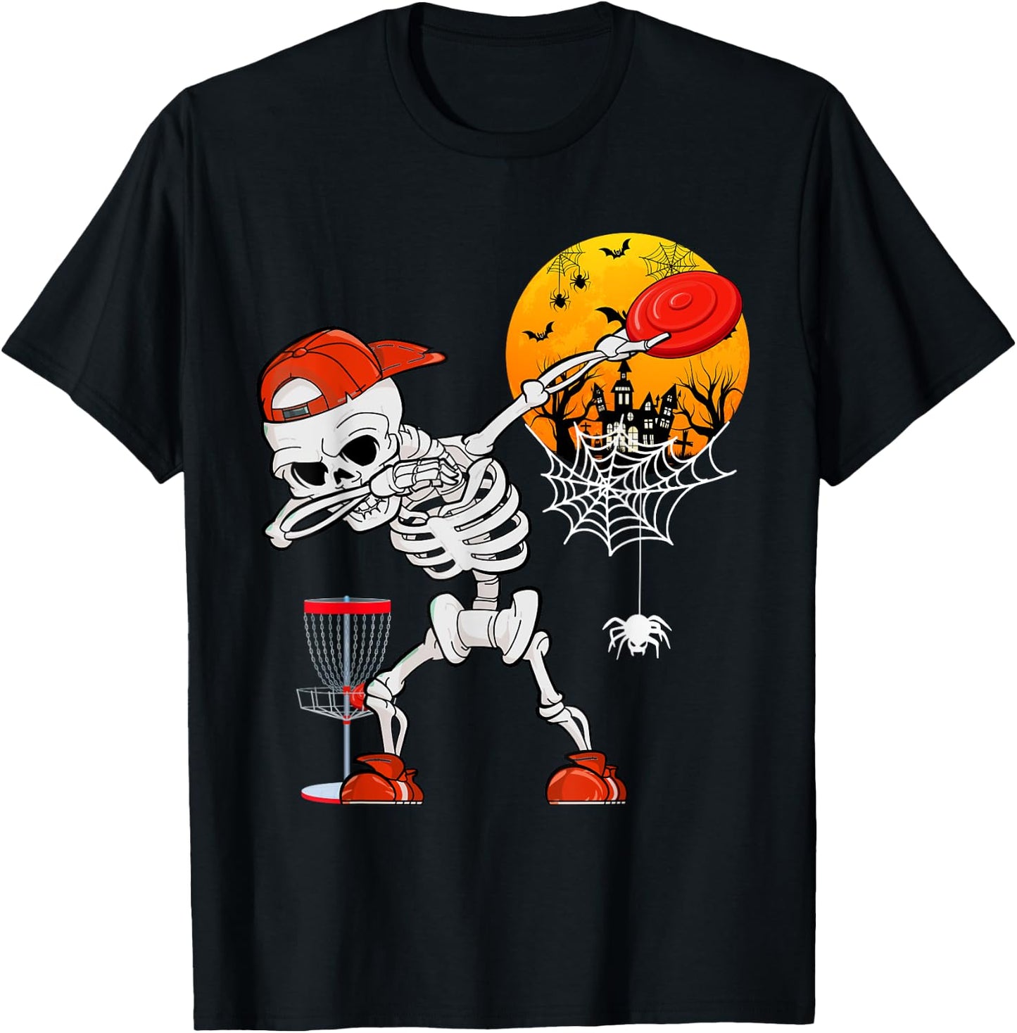 Dabbing Skeleton Playing Disc Golf Halloween Player Coach T-Shirt - T-Shirt | Black
