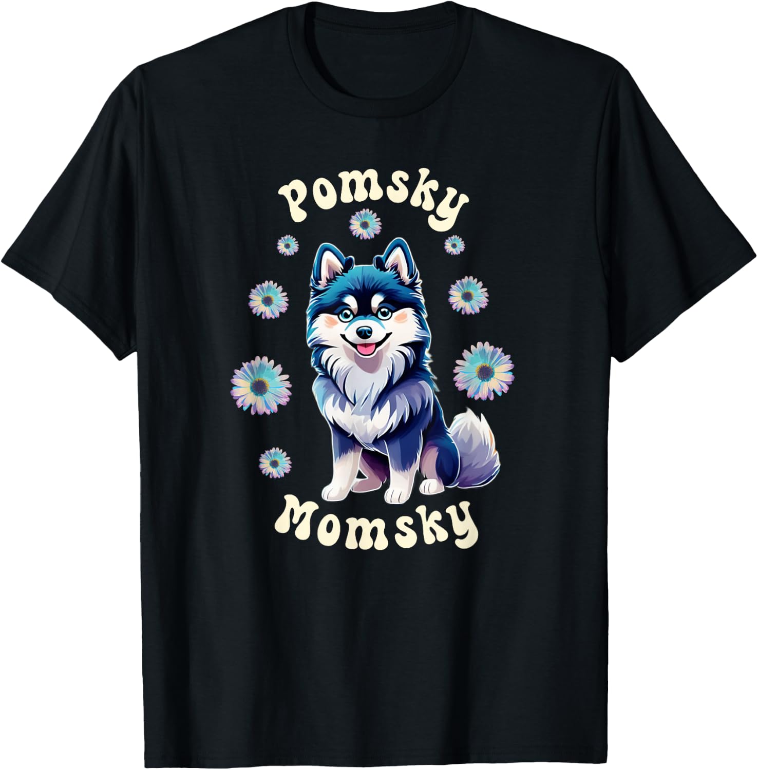 Cute Pomsky Momsky Mom Teal White Dog Retro Flowers Vintage T-Shirt - T-Shirt | Black