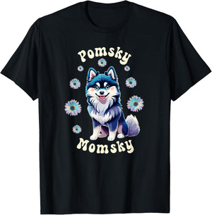 Cute Pomsky Momsky Mom Teal White Dog Retro Flowers Vintage T-Shirt - T-Shirt | Black