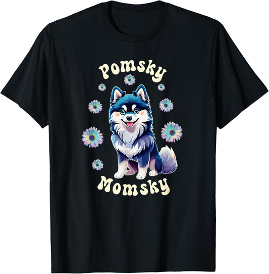Cute Pomsky Momsky Mom Teal White Dog Retro Flowers Vintage T-Shirt - T-Shirt | Black