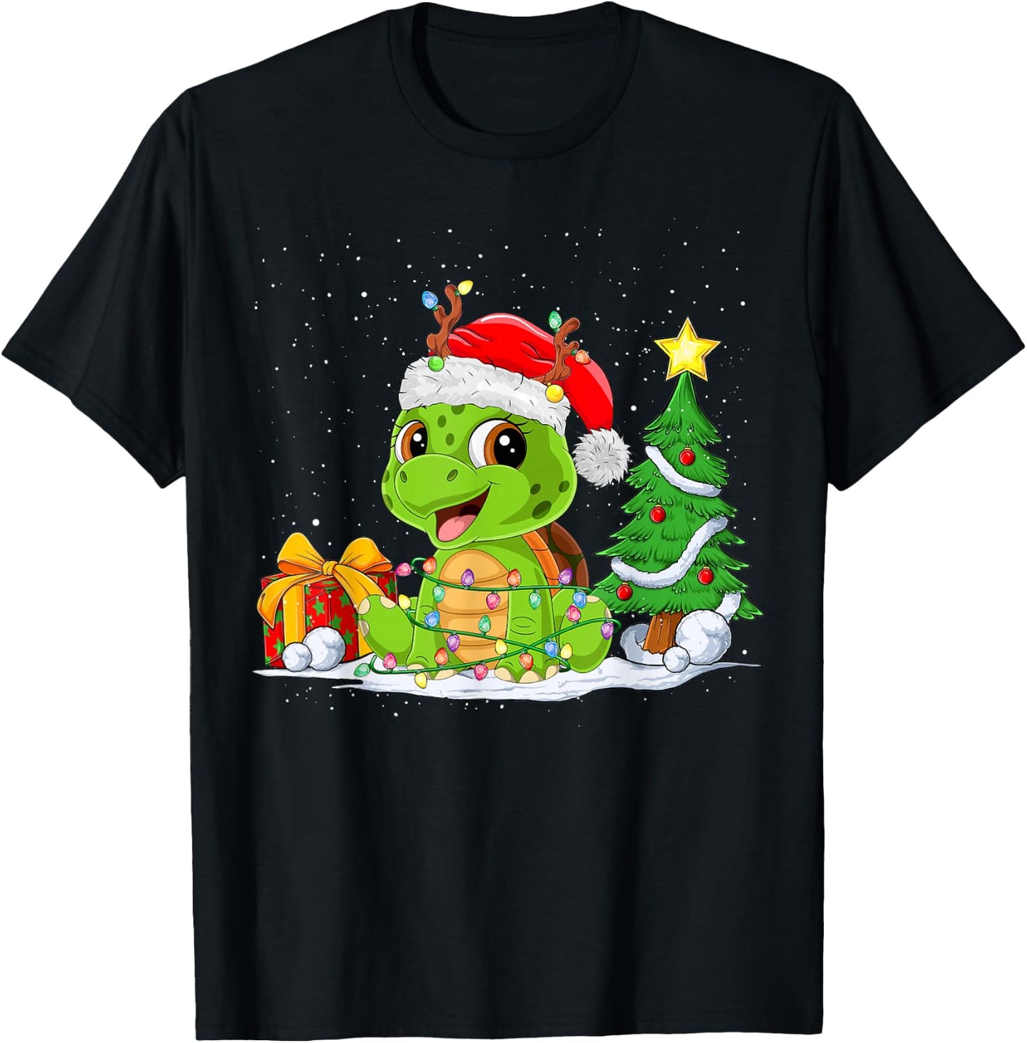 Cute Turtle Santa Christmas Tree Lights Xmas Pajama Turtle T-Shirt - T-Shirt | Black