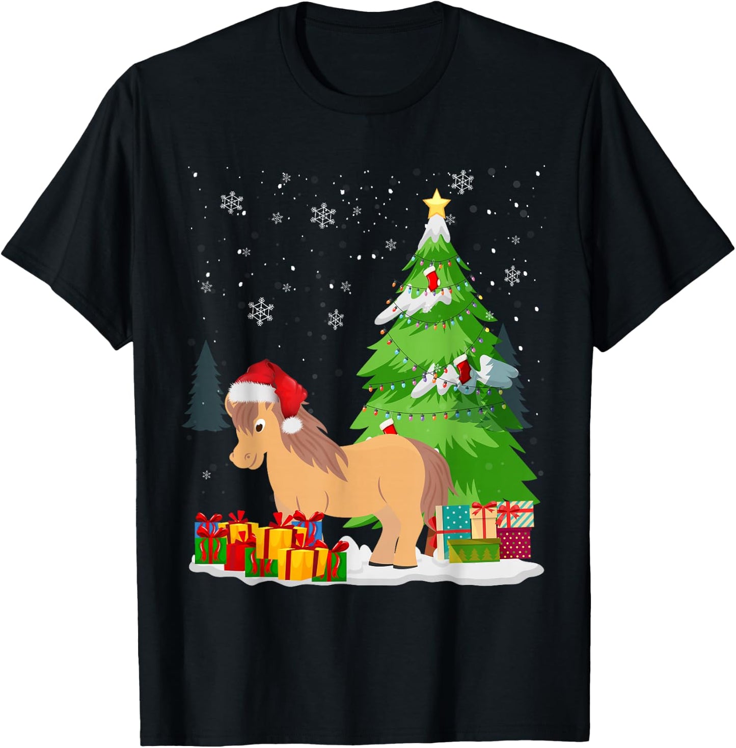 Funny Christmas Miniature Horse Santa Hat Matching Family T-Shirt - T-Shirt | Black