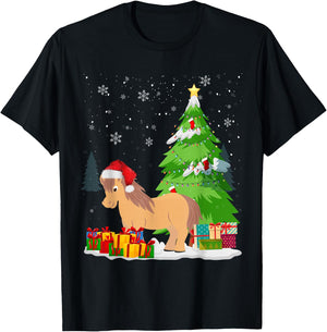 Funny Christmas Miniature Horse Santa Hat Matching Family T-Shirt - T-Shirt | Black