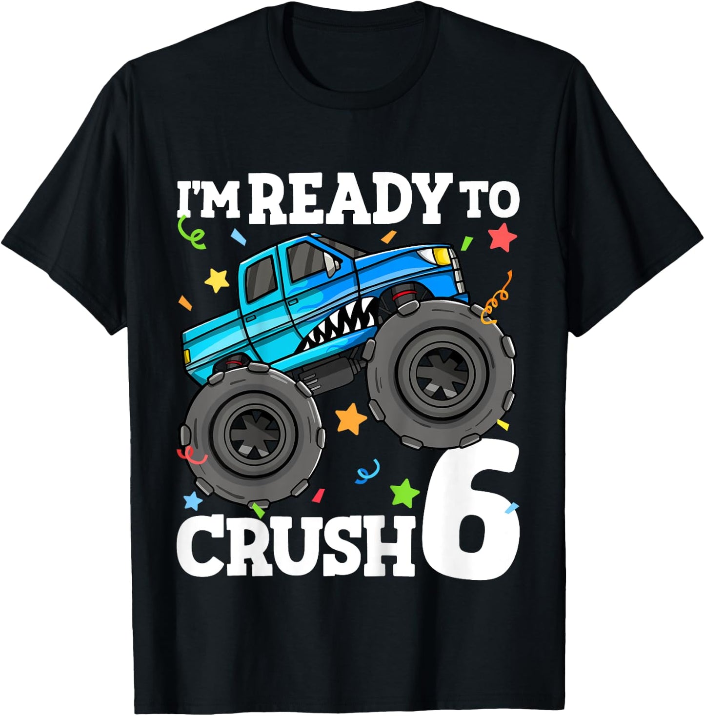 Kids Monster Truck Shark 6th Birthday Boy 6 Six Year Old T-Shirt - T-Shirt | Black