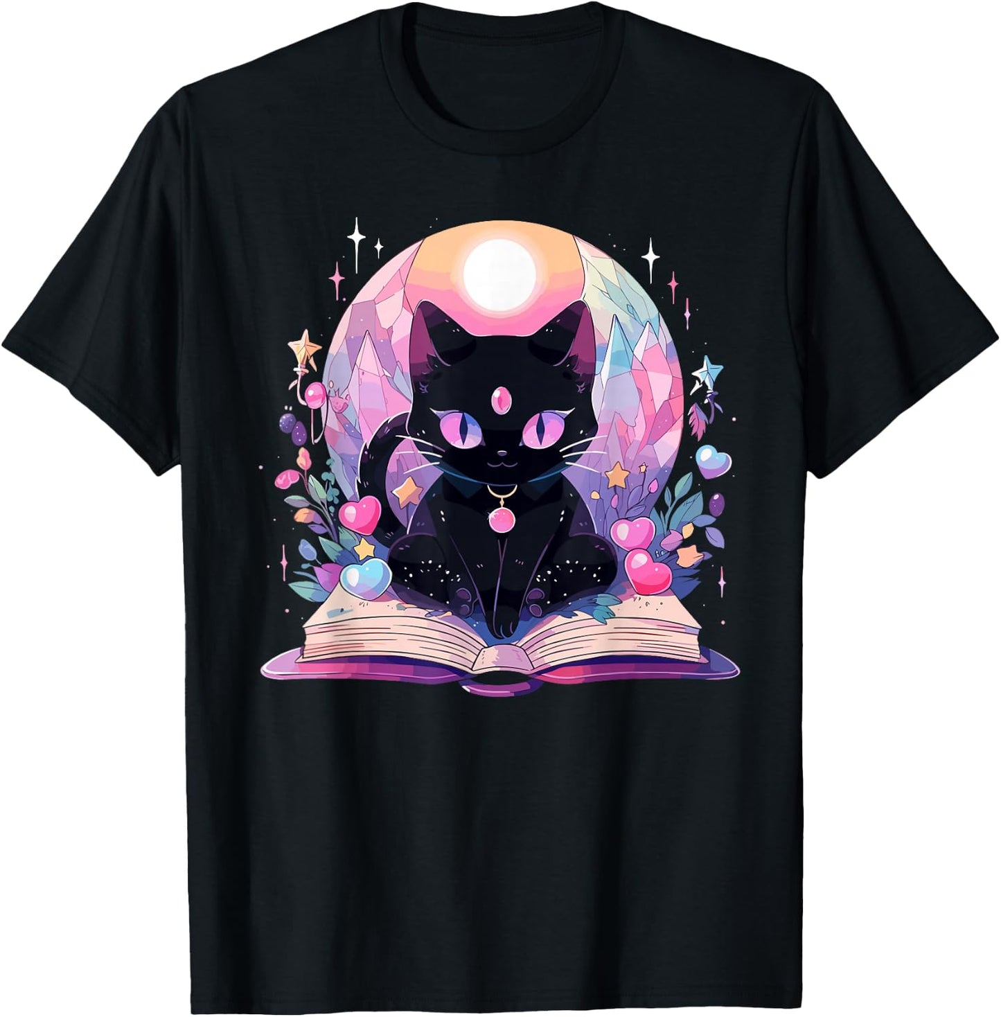 Book Lover Crystal Witchy Cute Black Cat Kawaii Pastel Goth T-Shirt - T-Shirt | Black