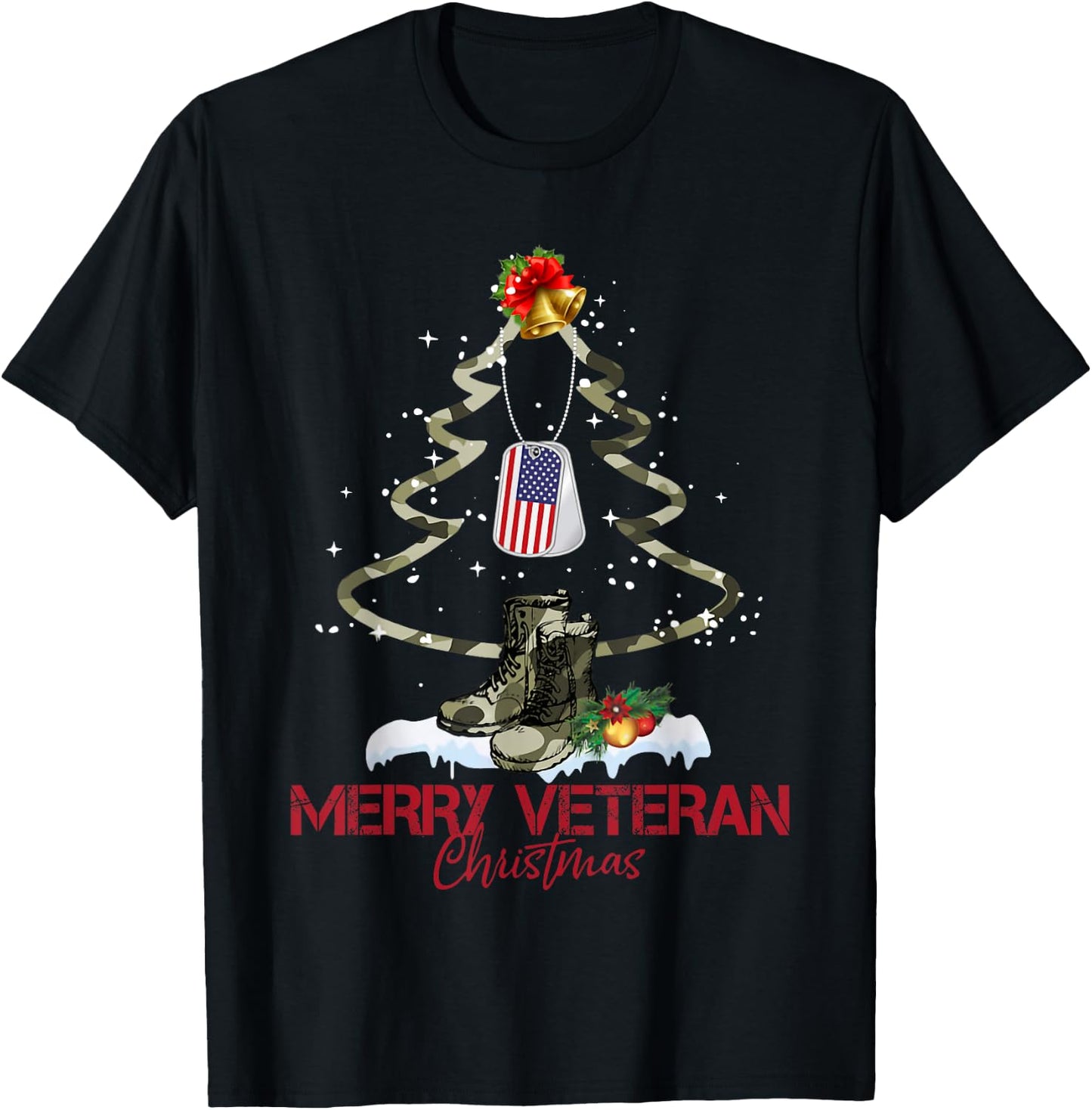 Merry Veteran Christmas Army Camo Xmas Tree Christmas T-Shirt - T-Shirt | Black
