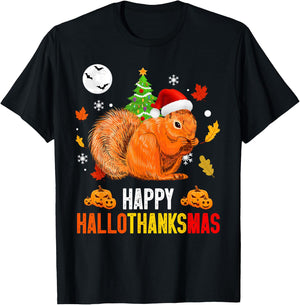Squirrel Happy Hallothanksmas Halloween Thanksgiving Xmas T-Shirt - T-Shirt | Black
