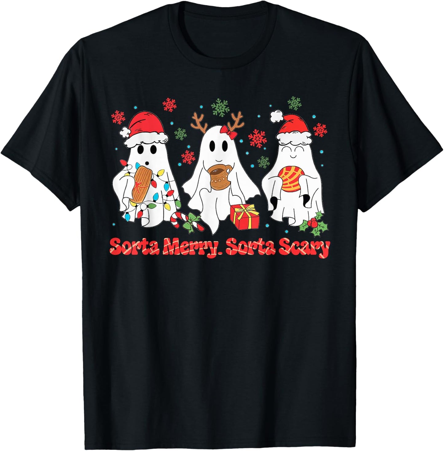 Funny Christmas Sorta Merry Sorta Scary Ghost Xmas Lights PJ T-Shirt - T-Shirt | Black