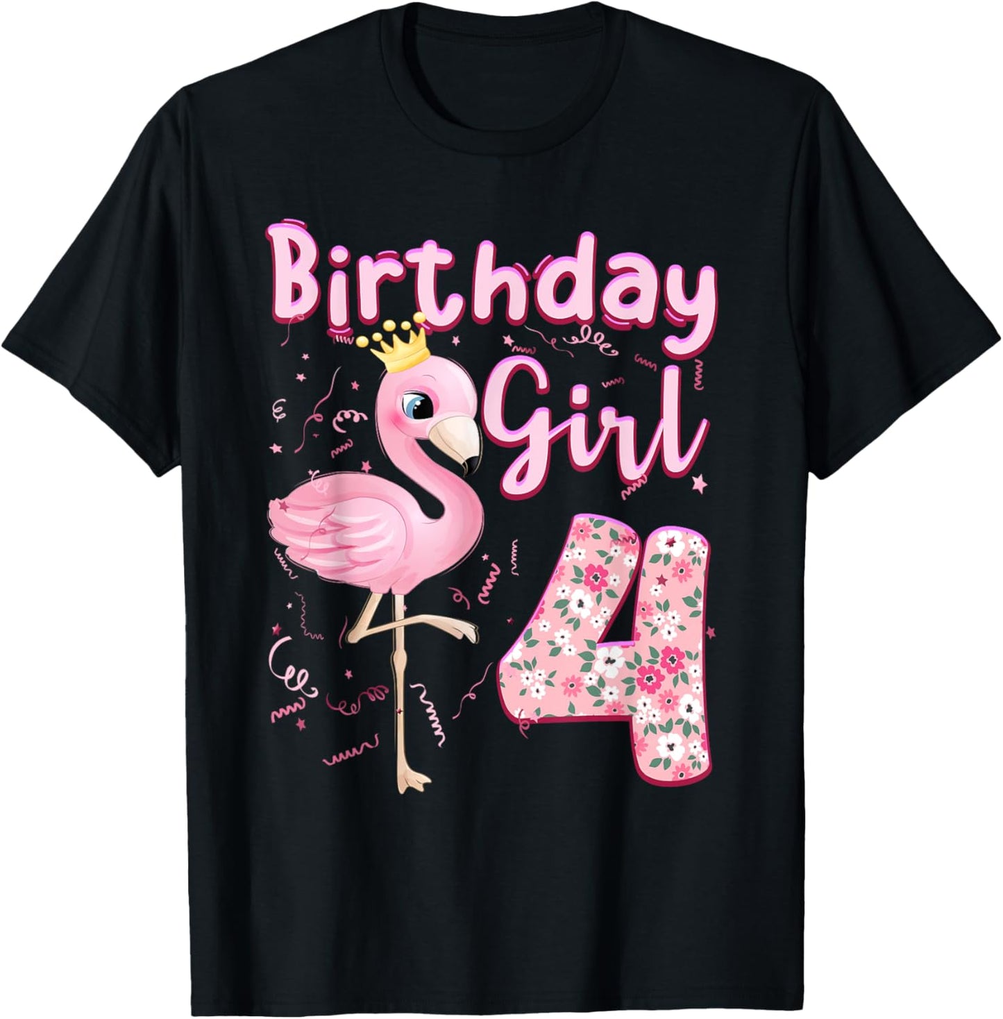 4th Birthday Girls Flamingo 4 Years Old Tropical Flamingo T-Shirt - T-Shirt | Black