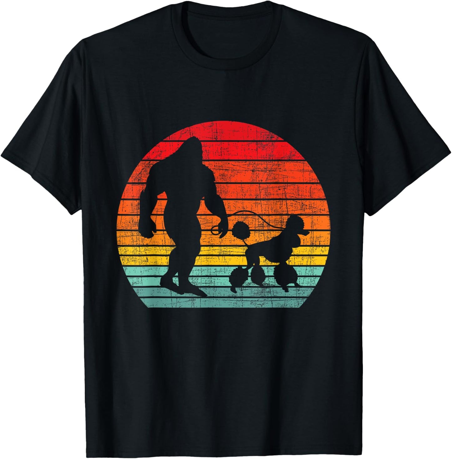 Retro Sunset Bigfoot And Poodle - Puppy Owner Dog Lover T-Shirt - T-Shirt | Black