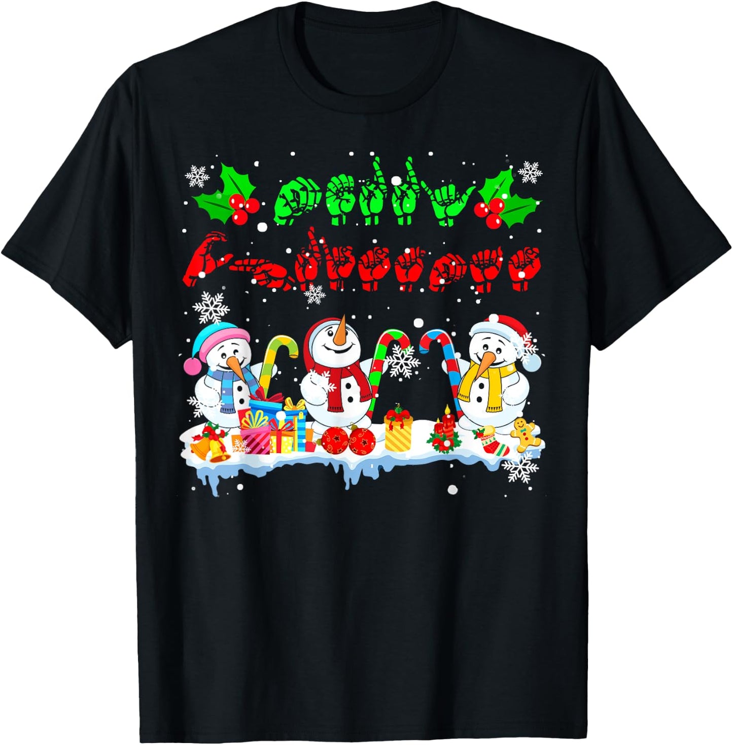 Merry Christmas Cute Three Snowmans ASL Sign Language Family T-Shirt - T-Shirt | Black