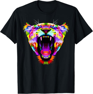 Colourful Angry Lioness Portrait Funny Big Cat T-Shirt - T-Shirt | Black