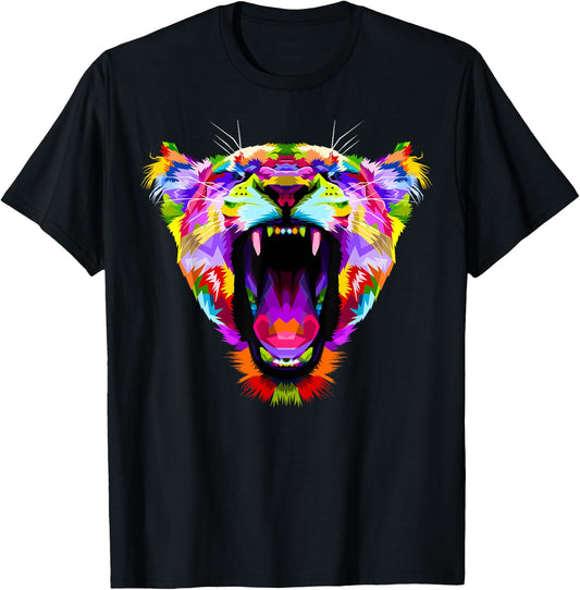 Colourful Angry Lioness Portrait Funny Big Cat T-Shirt - T-Shirt | Black