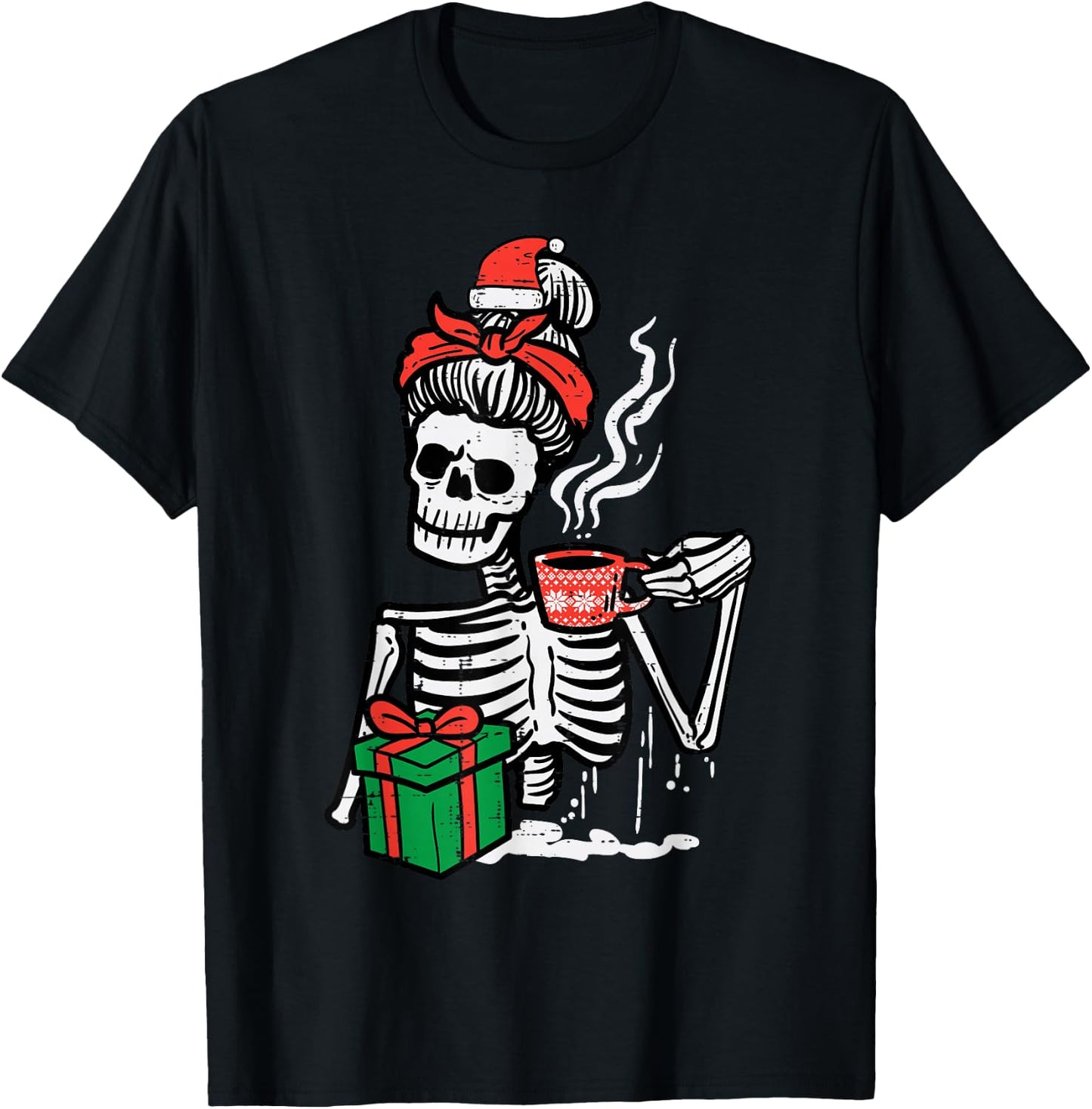 Christmas Skeleton Messy Bun Coffee Xmas Mom Women Girls T-Shirt - T-Shirt | Black