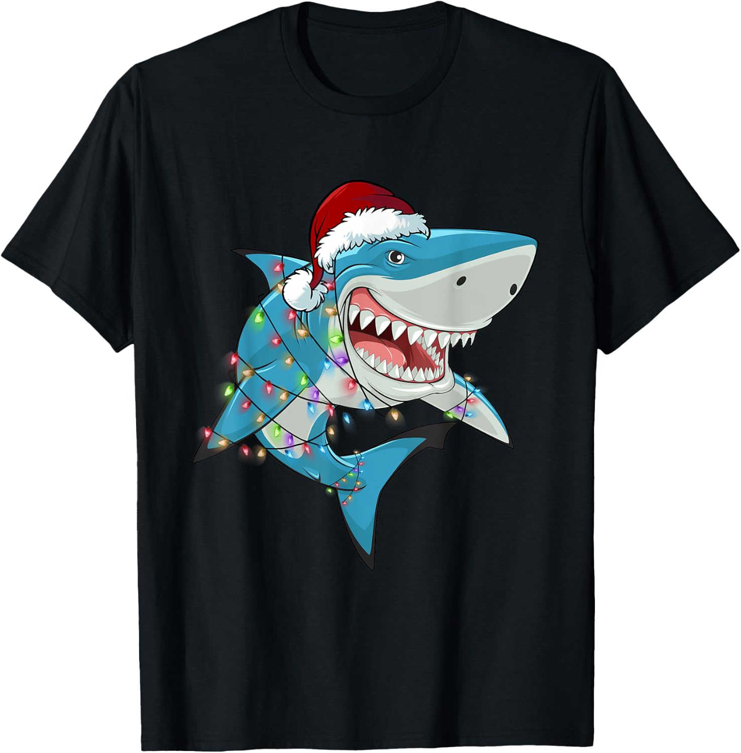 Shark Christmas Tree Lights Santa Hat Xmas Gifts Boys Kids T-Shirt - T-Shirt | Black