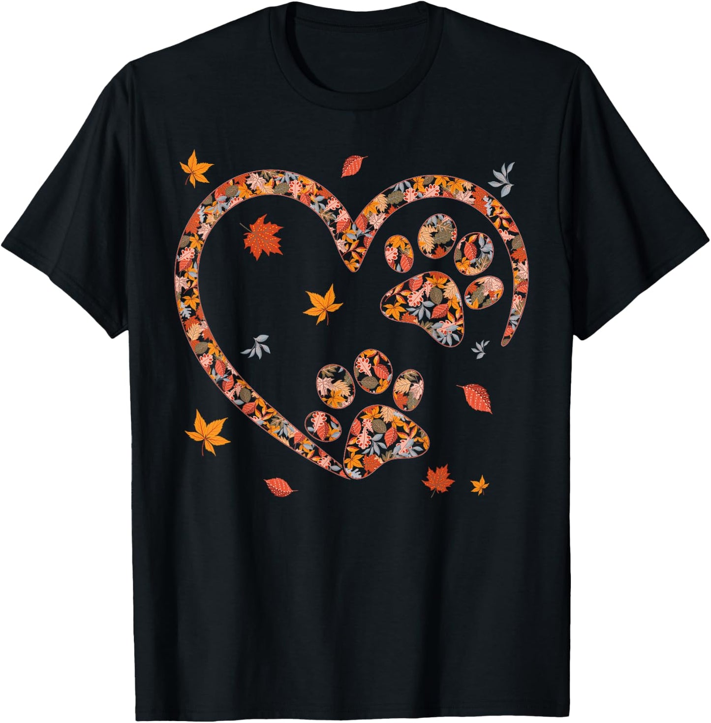 Funny Fall Leaf Cat Dog Print Autumn Vibes Thanksgiving Day Women Girls Kids T-Shirt - T-Shirt | Black