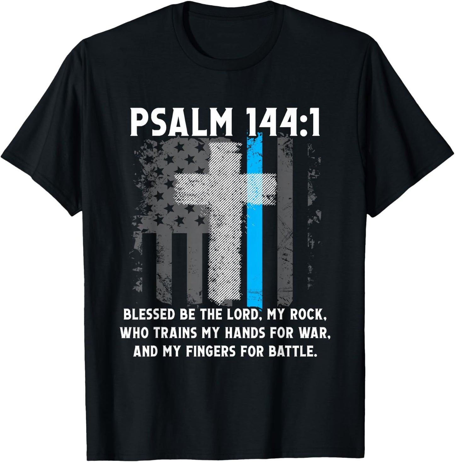 Thin Lines Blue Psalm 144:1 American Police Officer T-Shirt - T-Shirt | Black