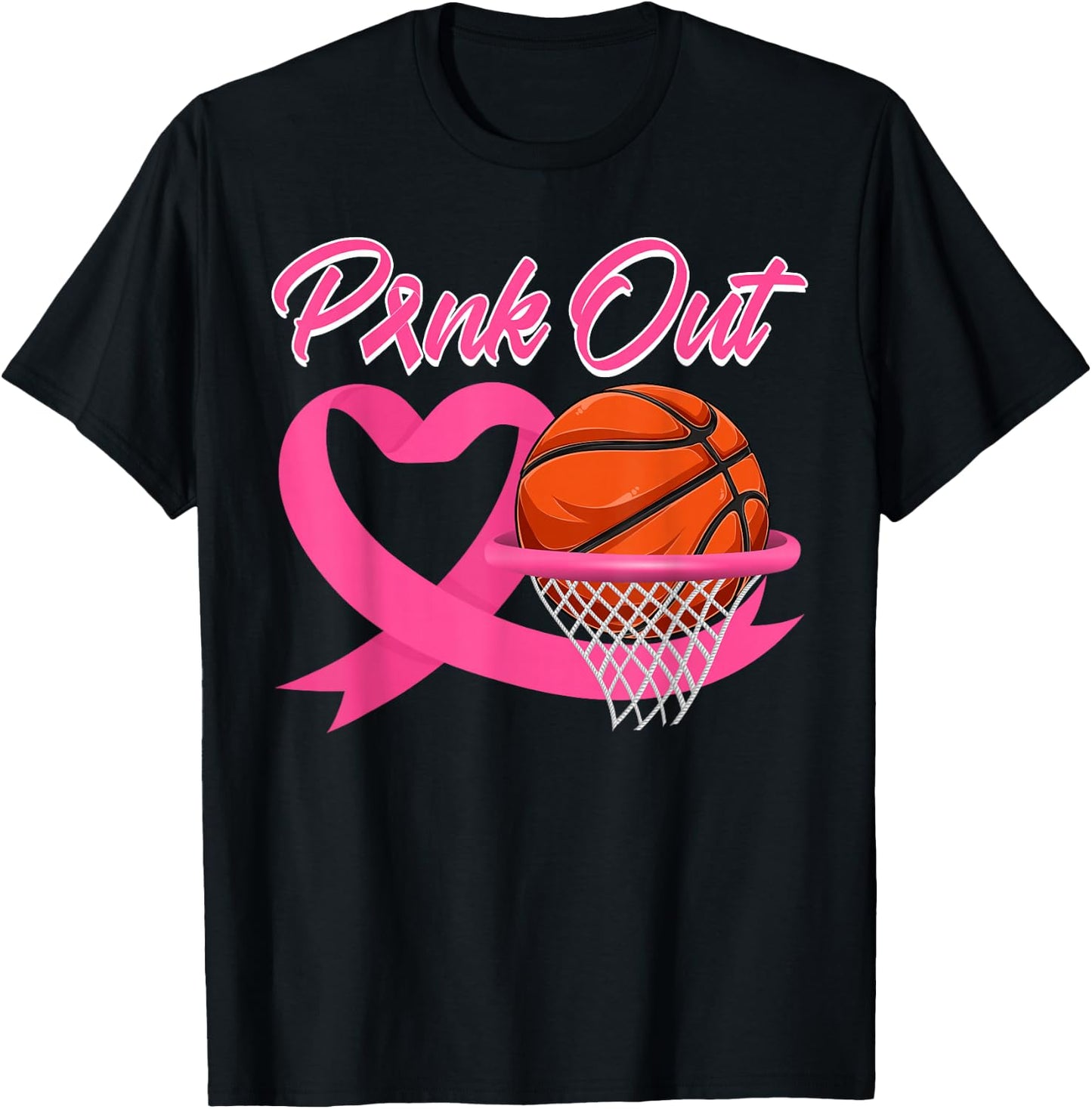 Pink Out Breast Cancer Pink Ribbon Heart & Basketball Ball T-Shirt - T-Shirt | Black