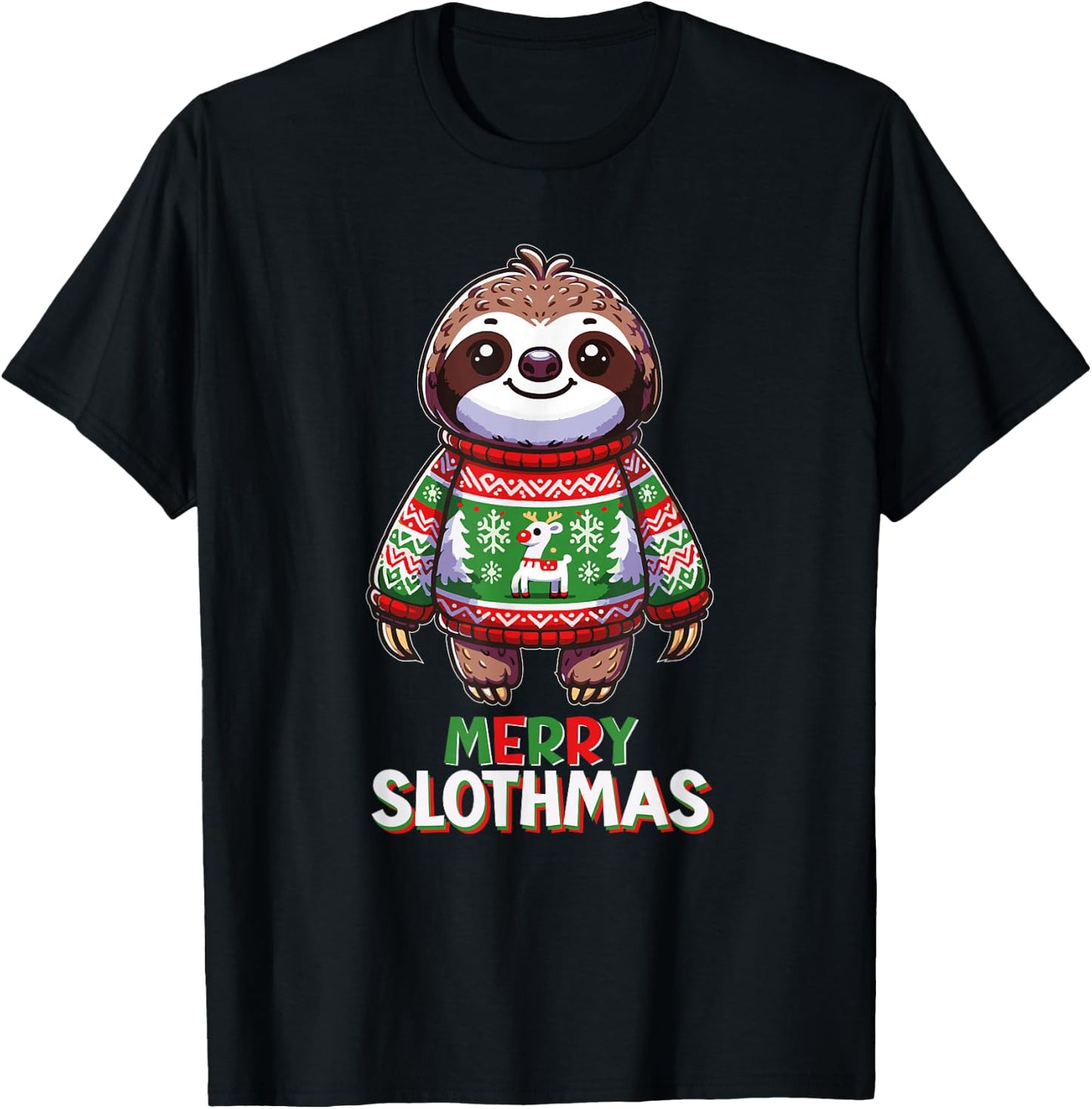 Merry Slothmas Santa Christmas Sloth Sweater Xmas Holiday T-Shirt - T-Shirt | Black