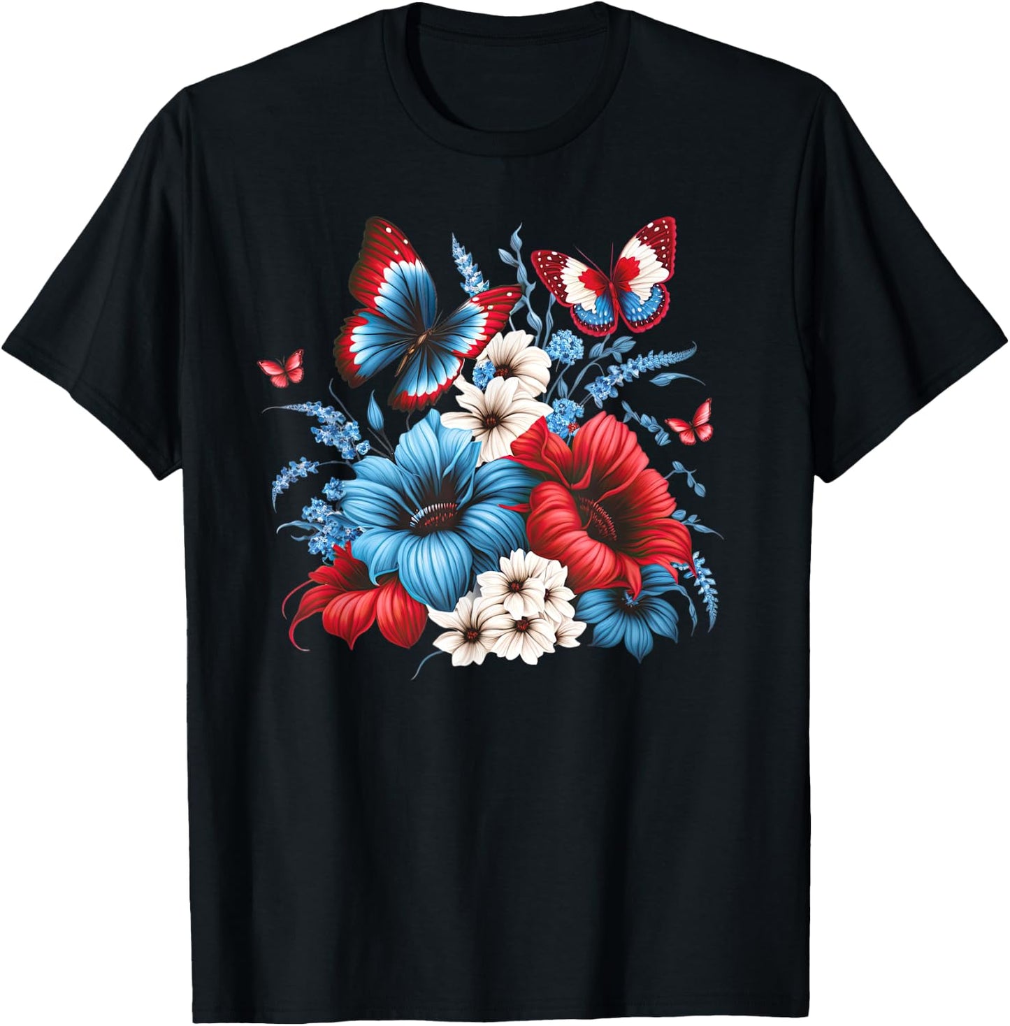 Butterfly Flowers - Red White and Blue 4th of July Patriotic T-Shirt - T-Shirt | Black