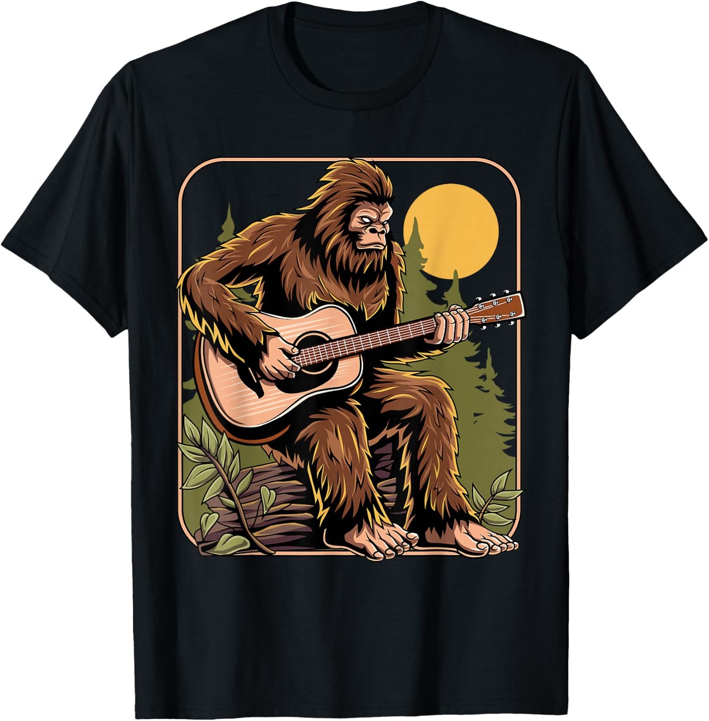 Retro Bigfoot Sasquatch Playing Acoustic Guitar Guitarist T-Shirt - T-Shirt | Black