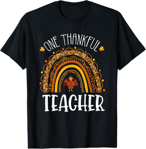 One Thankful Teacher Thanksgiving School Turkey Rainbow T-Shirt - T-Shirt | Black