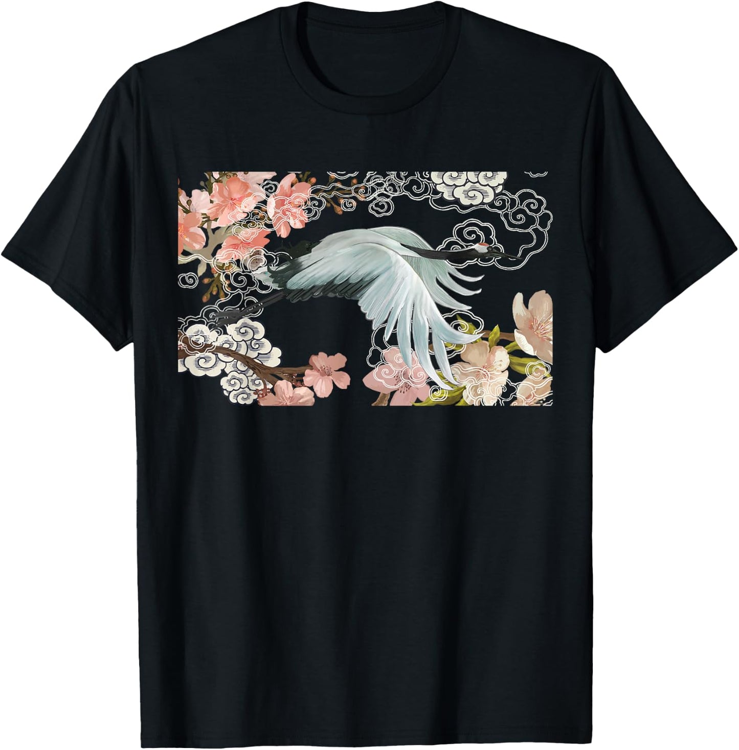 flying white Sandhill Crane Bird Japanese style art Lover T-Shirt - T-Shirt | Black