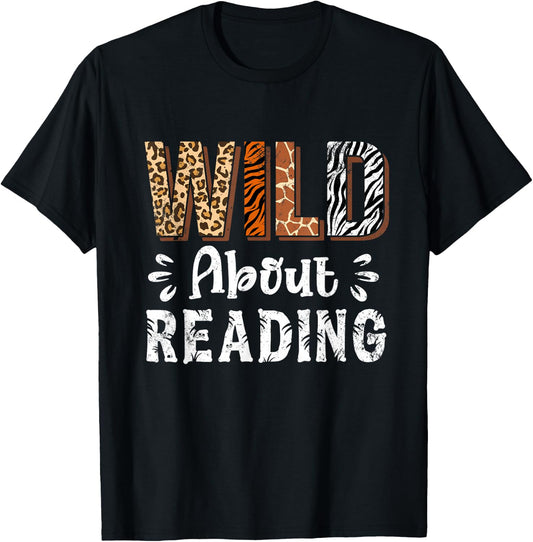 Wild About Reading Books Reader Lover Animals Leopard Zebra T-Shirt - T-Shirt | Black