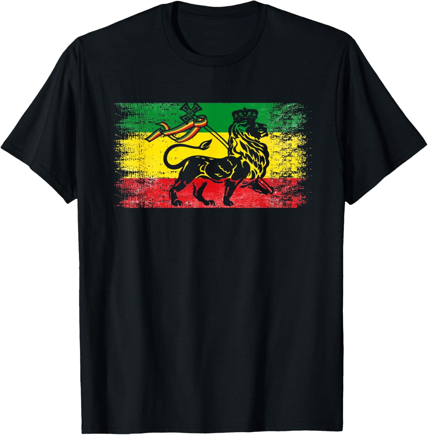 Lion of Judah Rasta Ethiopian Reggae Old Ethiopia Flag Fan T-Shirt - T-Shirt | Black